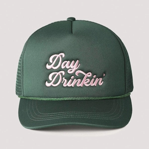 Dark green mesh trucker hat with pink Day Drinkin embroidery and decorative rope detail
