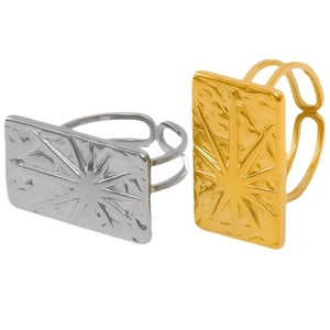 Bague ajustable en acier inoxydable 304 avec motif étoile et soleil gravé sur rectangle