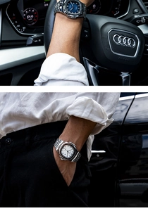 Close-up of stylish square stainless steel quartz watch with blue and white dial options