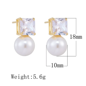 Detail showing square zircon pearl earrings with 18mm height and 10mm width dimensions