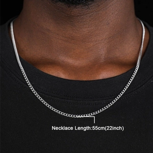 Mens silver 3mm stainless steel curb chain necklace 55cm length displayed on model