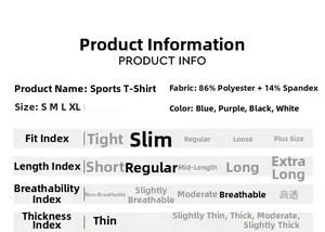 Size chart and fabric details for slim fit breathable yoga t-shirt made of 86% polyester