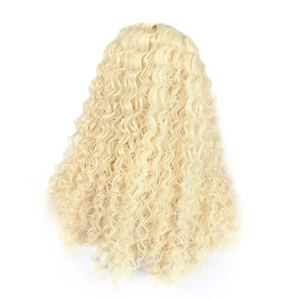 Rear view of long blonde curly synthetic wig with tight afro coils and matte texture