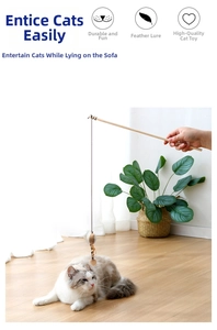 Close-up of a natural wooden cat teaser wand with feathers and a small bell attachment