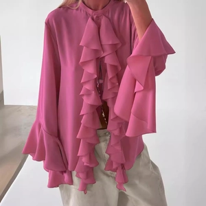 Pink chiffon long sleeve blouse with elegant ruffles and flare sleeves for women