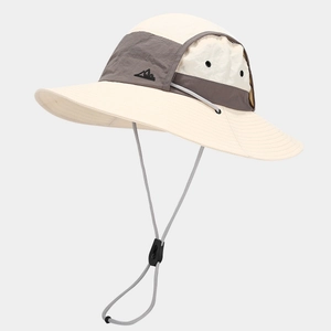 Detail of outdoor sun hat featuring wide brim, breathable mesh vent and adjustable chin strap