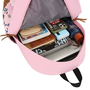 Pink floral canvas backpack with large capacity interior for laptop and essentials