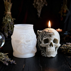 Gothic tiger skull silicone mold for DIY candles with intricate textures and dark style