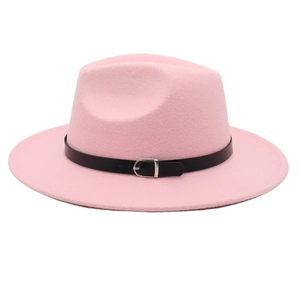 Pink wool fedora hat with black leather band and silver metal buckle for women