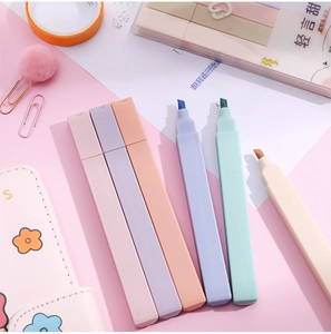 Detailed view of six Morandi color highlighters with soft chisel tips and square barrels