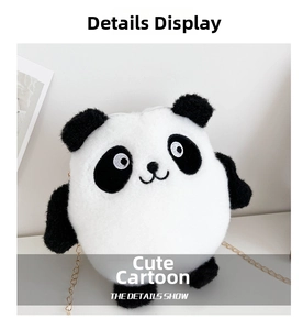 Detailed view of plush panda crossbody bag with soft black and white fur and gold chain