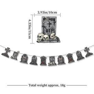Detail view of RIP tombstone and skull Halloween banners with 10x11cm size specs