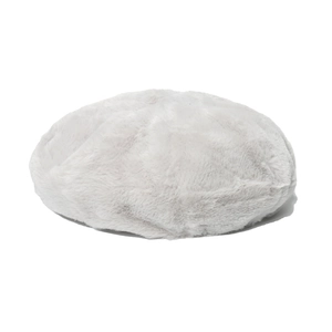 Macro view of plush light grey faux fur texture on a warm winter beret for women