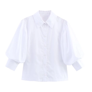 White poplin shirt for women featuring elegant puff sleeves and a classic button-up collar