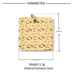 Detail of square gold hammered stainless steel pendant with dimensions and weight specs