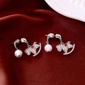 Boucles D'oreilles Künstliche Perles Cheval À Bascule Avec Zircon Fleur Rouge Tige En Argent Bijoux Mode Femme