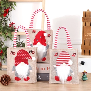 Christmas Gift Bags Burlap Tote Handbags Dimensional Gnome Design HO HO Lettering Striped Handle Xmas Party Decoration Favor Packaging