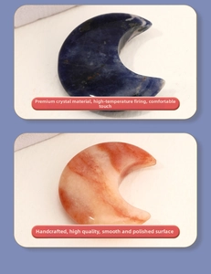 Detailed view of polished crescent moon stones in lapis blue and carnelian red hues