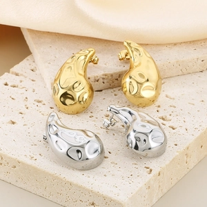 Stainless Steel Hammered Water Drop Stud Earrings Irregular Organic Molten Bean Comma Shape Fashion Jewelry For Women