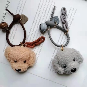 Plush teddy dog head keychain with spring bracelet, bell and Milano 1988 heart tag