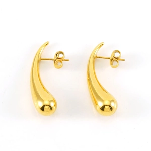 Detailed view of polished golden teardrop earrings with butterfly back closures