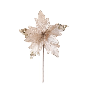 Artificial 25cm champagne gold Christmas flower with glitter petals and stem on white backdrop
