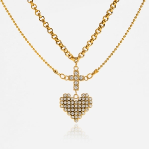 18K Gold Plated Stainless Steel Double Layered Necklace Heart Cross Rhinestone Pendant Romantic Vintage Women Jewelry