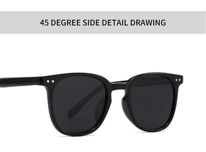 Detail view showing metal rivets on black polarized round frame sunglasses at 45 degree angle