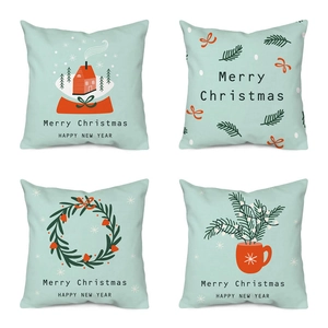Detail view of 4-pack Christmas snowman pillows featuring Merry Christmas print on blue