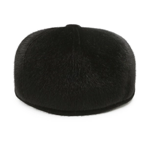 Winter flat top hat for men with ear flaps in black faux fur for outdoor warmth