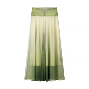 Detail of gradient green mesh maxi skirt showing flowy fabric and pleated waist design