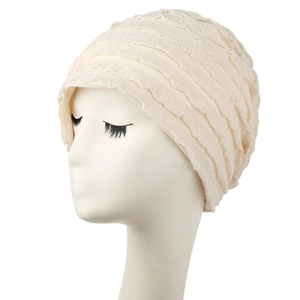 Beige layered ruffle slouchy beanie for women with breathable pleated fabric design