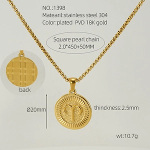 Detailed specs of Aries zodiac pendant necklace in 18K gold plated stainless steel