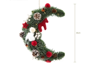 Detailed 35cm crescent moon Christmas wreath with LED lights, pine cones, and greenery