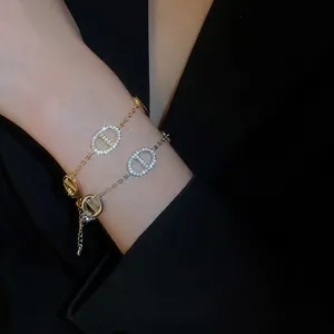 Elegant Oval Link Bracelet For Women Copper With Cubic Zirconia Inlay Real Gold Plated Adjustable Chain Fashion Jewelry