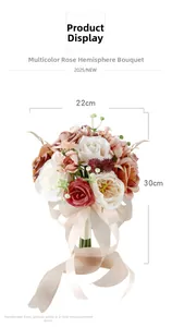 Detail of 22cm wide bridal bouquet with cream and burgundy silk roses and long ribbons