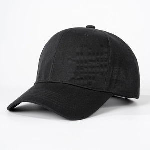 Close-up of the six-panel structure and twill cotton texture on a black baseball cap