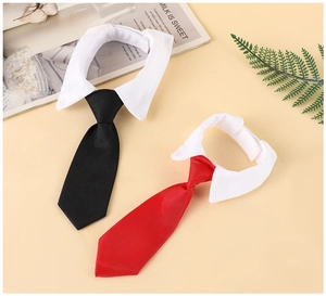 Detail of adjustable pet tuxedo collars with red and black ties for dogs and cats