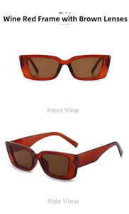 Detail of vintage burgundy rectangle sunglasses with brown lenses and transparent frame