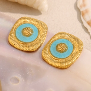 Macro detail of 18K gold-plated vintage square stud earring with sky blue enamel shell inlay
