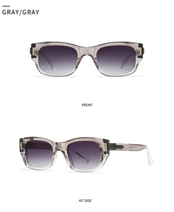 Front and 45-degree side view of gray aviator sunglasses with gradient lenses