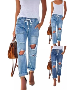 Women Distressed Denim Jeans Elastic Waist Drawstring Straight Leg Ripped Casual Ankle Length Pockets