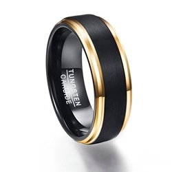 Men's tungsten carbide ring with brushed black surface and polished gold finish edges
