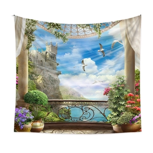 Detail view of polyester wall tapestry featuring Mediterranean castle and sea view print