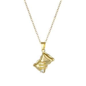Golden stainless steel necklace with geometric textured pendant and zircon accent