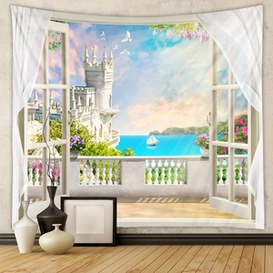 Detailed texture of 3D window view tapestry showing European castle and sea scenery