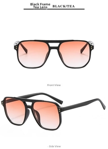 Detail view of black double-bridge sunglasses with gradient tea lenses from front and side angles