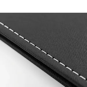 Black Saffiano leather folding mirror with precise white stitching detail