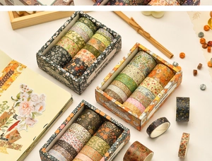 Detailed view of 12-roll floral washi tape set for DIY journaling and scrapbooking