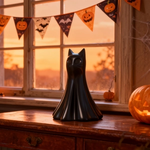 Halloween spookkat figuur van zwarte matte siliconen op een houten antieke kast